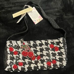 Beaded Cherry Houndstooth Shoulder Bag - Black & Red